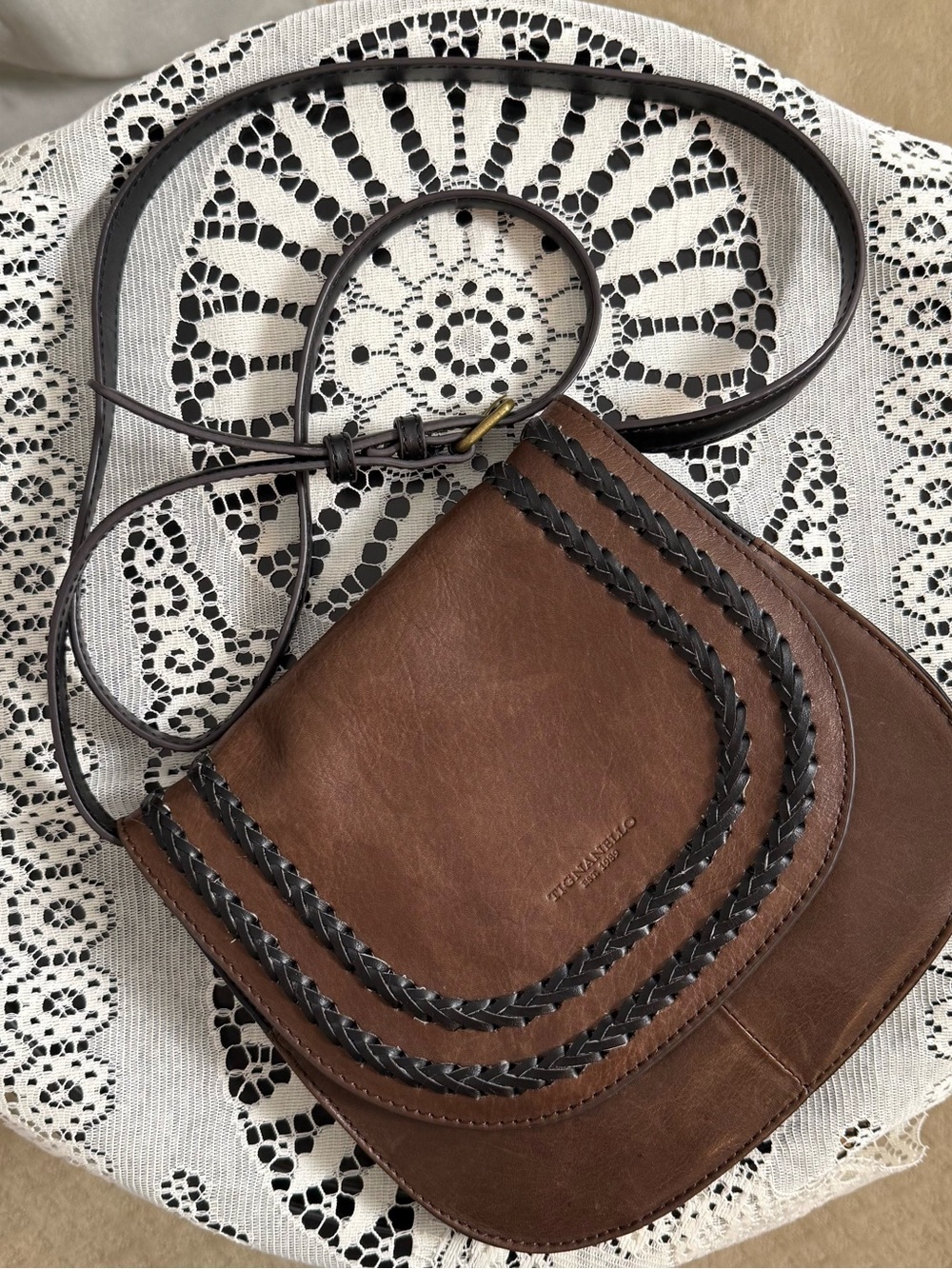 Tignanello Brown Leather Crossbody with Dark Braid Trim